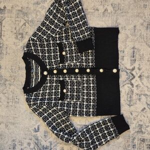 Black & White Plaid Cardigan With Gold Buttons - M